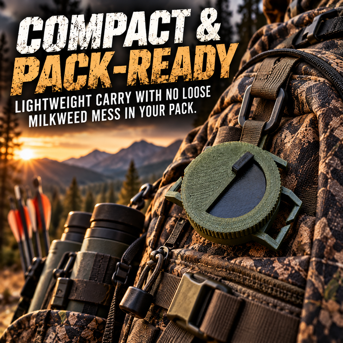 Round olive green milkweed wind indicator attached to hunting backpack strap in outdoor setting
