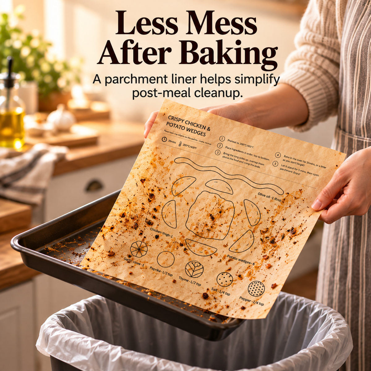Person removing used recipe printed baking parchment from baking tray after cooking