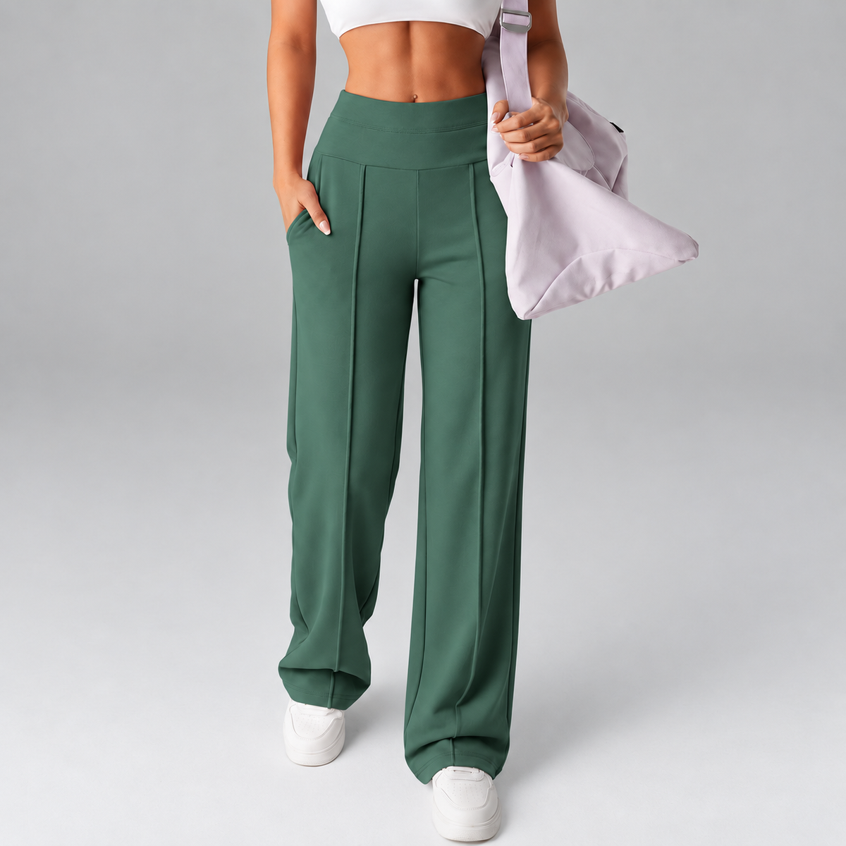 Women’s High-Rise Wide-Leg Comfort Pants with Pockets, Stretch Fit & Front Seams