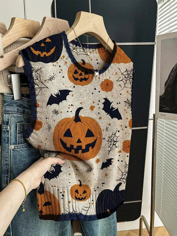 Women’s Halloween Knit Sweater Vest – Cozy Spooky Layering Top for Fall Outfits