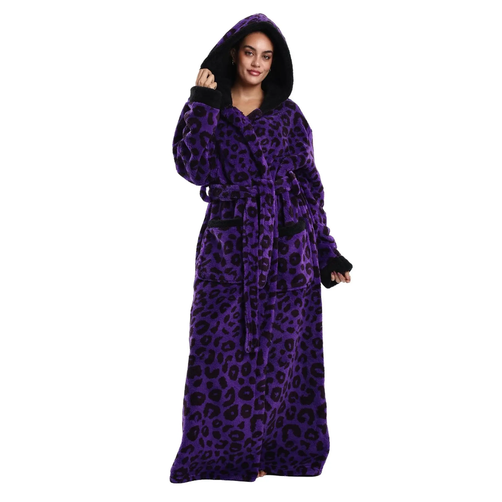 Treavhds™ Hooded Long Leopard Print Bathrobe - Thickened Flannel Fabric