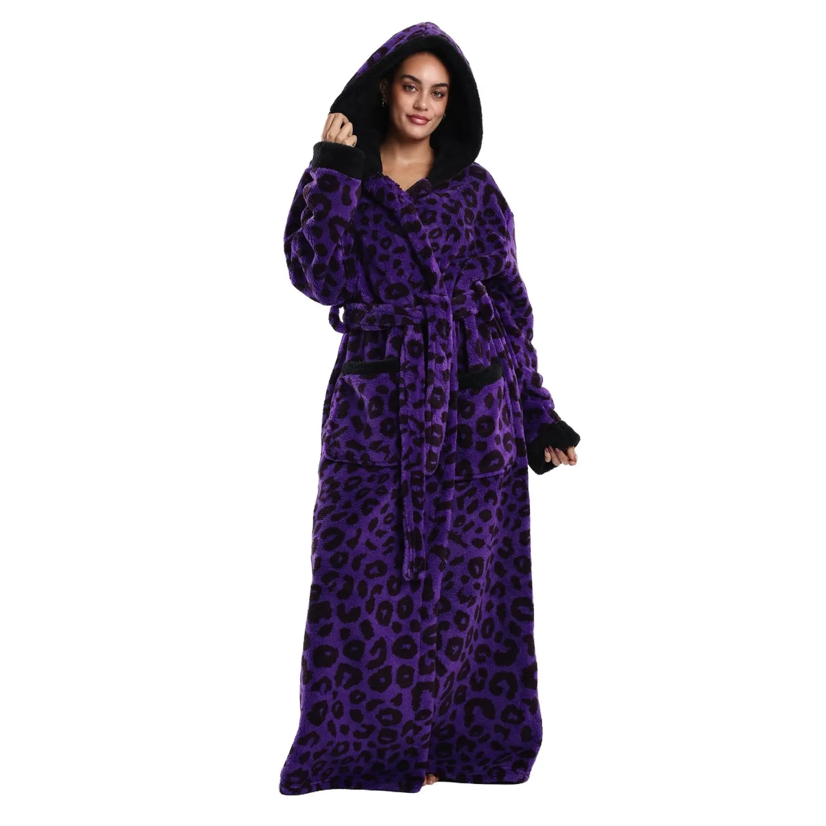 Treavhds™ Hooded Long Leopard Print Bathrobe - Thickened Flannel Fabric