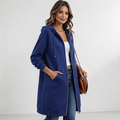 Women's Long Zip-Up Fleece Hoodie – Casual Oversized Full-Zip Outerwear with Pockets