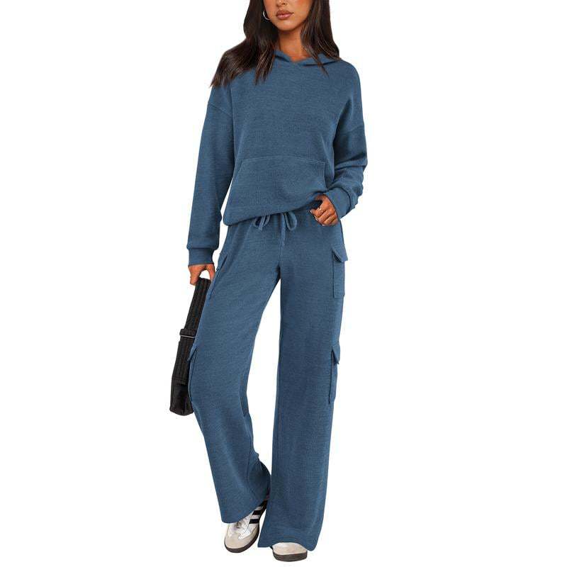 Women’s Soft Hooded Lounge Set with Wide-Leg Cargo Pants & Pockets