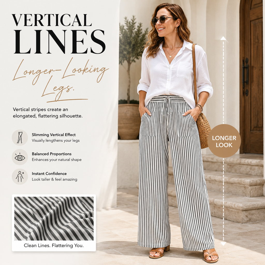 Women’s Plus Size High-Waisted Stretchy Striped Wide-Leg Casual Pants