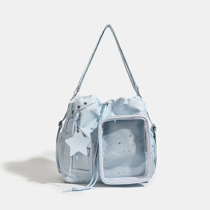 ✨ Star-Embossed Ita Bag | Convertible Drawstring Backpack & Shoulder Bag with Clear Window 🎒