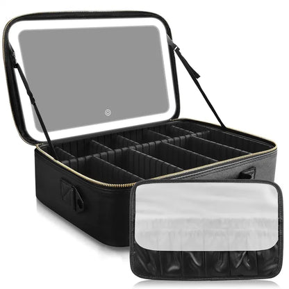 Portable Makeup Train Case with LED Lighted Mirror, 3 Lighting Modes & Adjustable Dividers