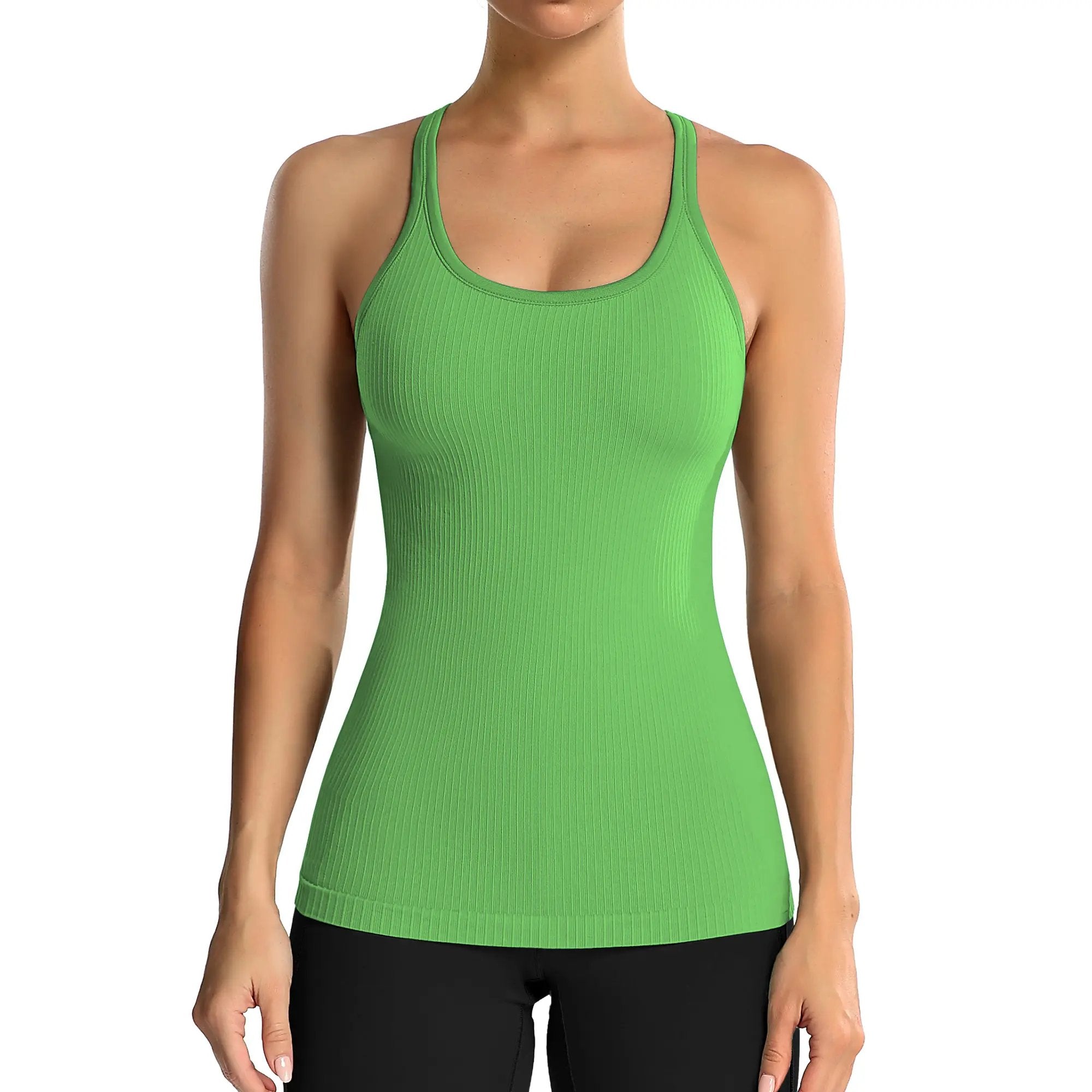 Ribbed Workout Tank Tops for Women with Built in Bra Tight Racerback Scoop Neck Athletic Top