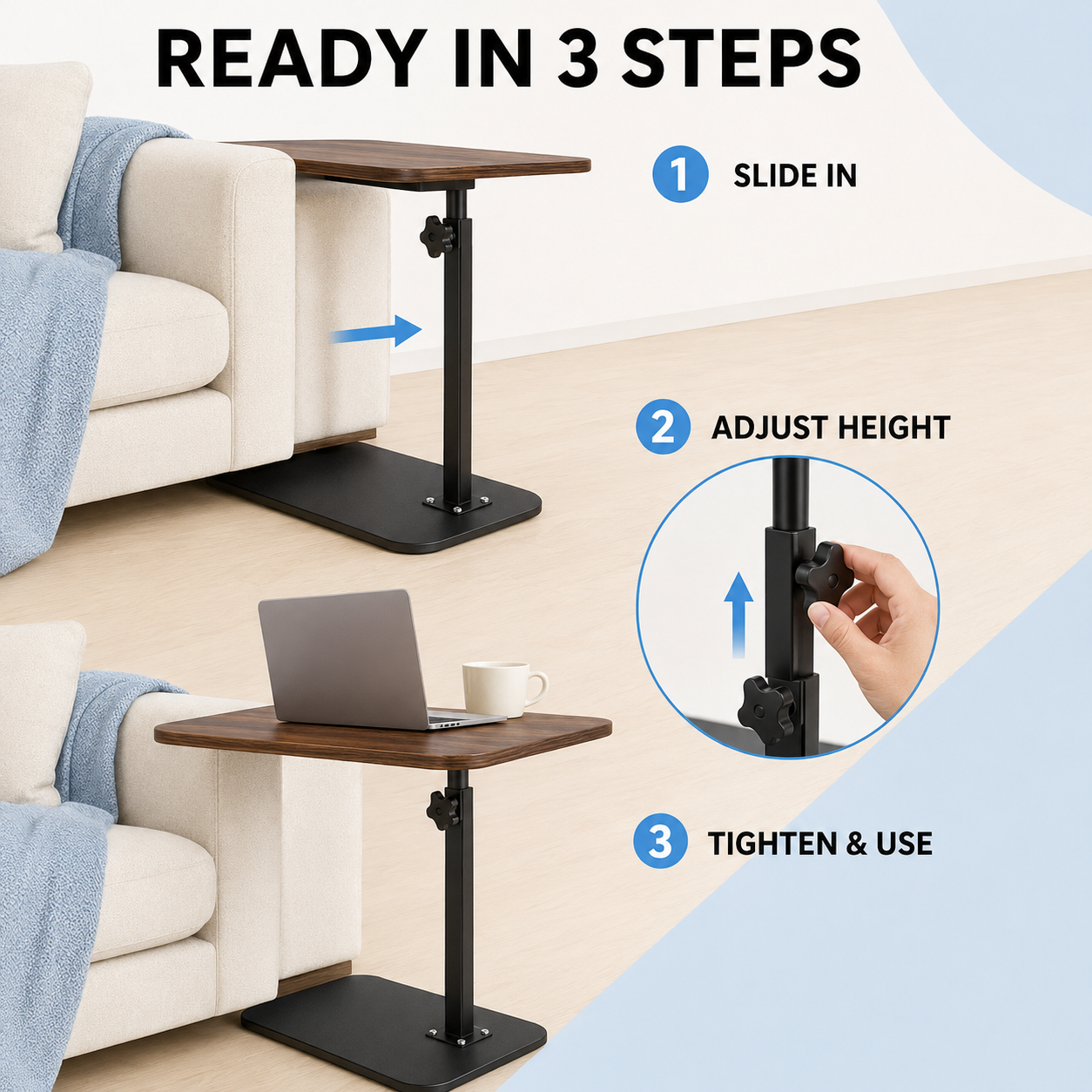 Mobile Adjustable Overbed Table C-Shape Laptop Desk with Rolling Wheels