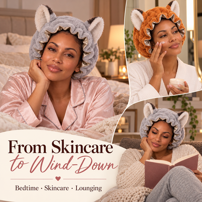 🦊 Plush Fox Ear Sleep Bonnet – Satin Lined & Adjustable for Gentle Hair Care ✨