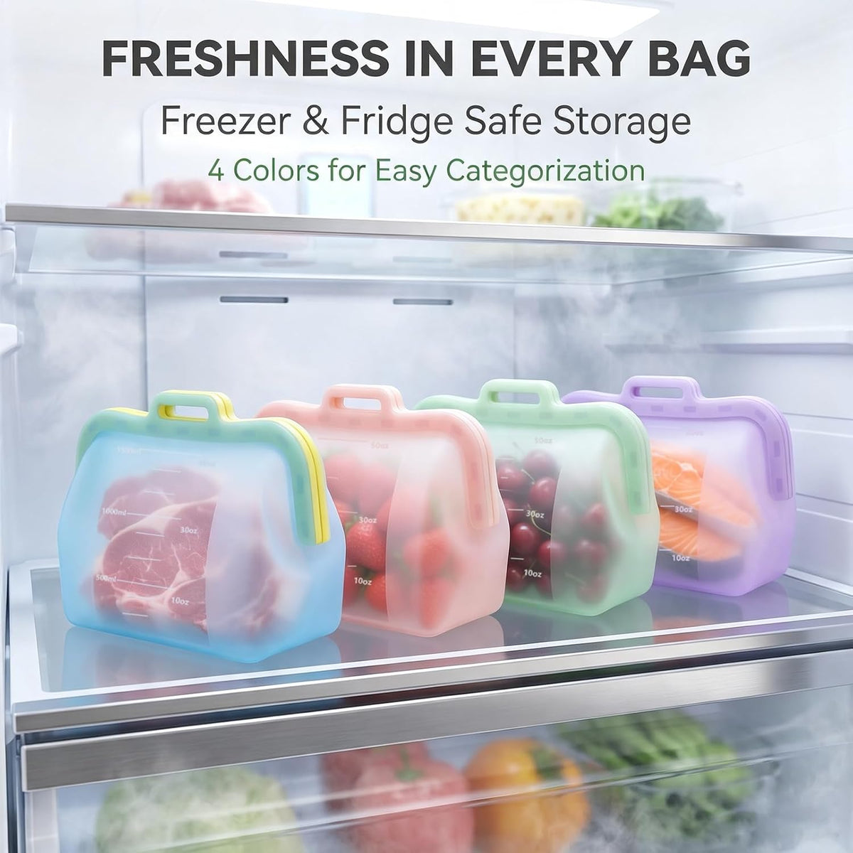 Reusable Silicone Food Storage Bag – Magnetic Seal, Easy Clean, Fridge & Freezer Friendly