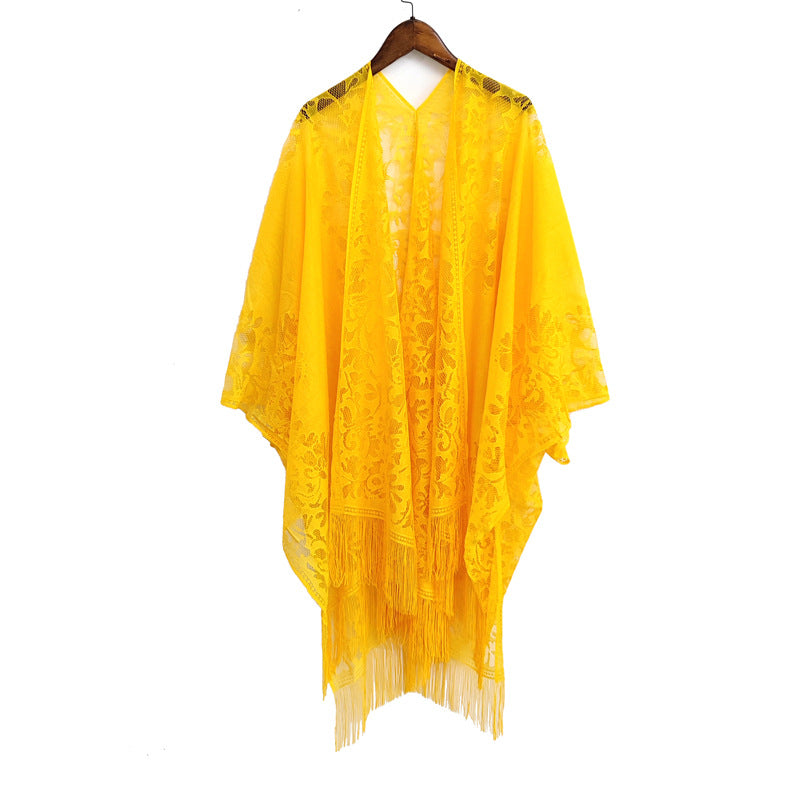 Elegant Floral Lace Kimono Wrap with Flowing Fringe | Evening & Wedding Shrug