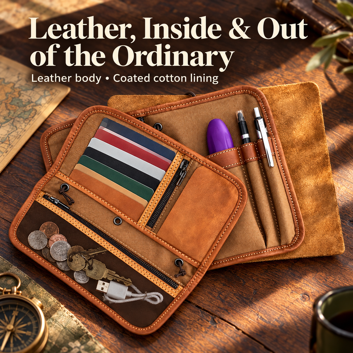 Vintage Leather Travel Organizer Wallet with Passport Holder & 10 Card Slots