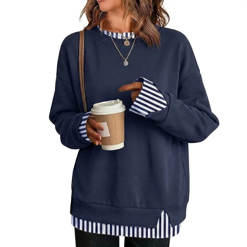 Effortless Casual Style: Women's Relaxed Layered Crewneck Sweatshirt Everyday Top