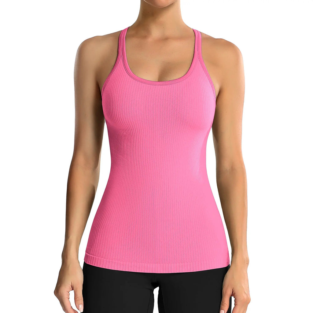 Ribbed Workout Tank Tops for Women with Built in Bra Tight Racerback Scoop Neck Athletic Top