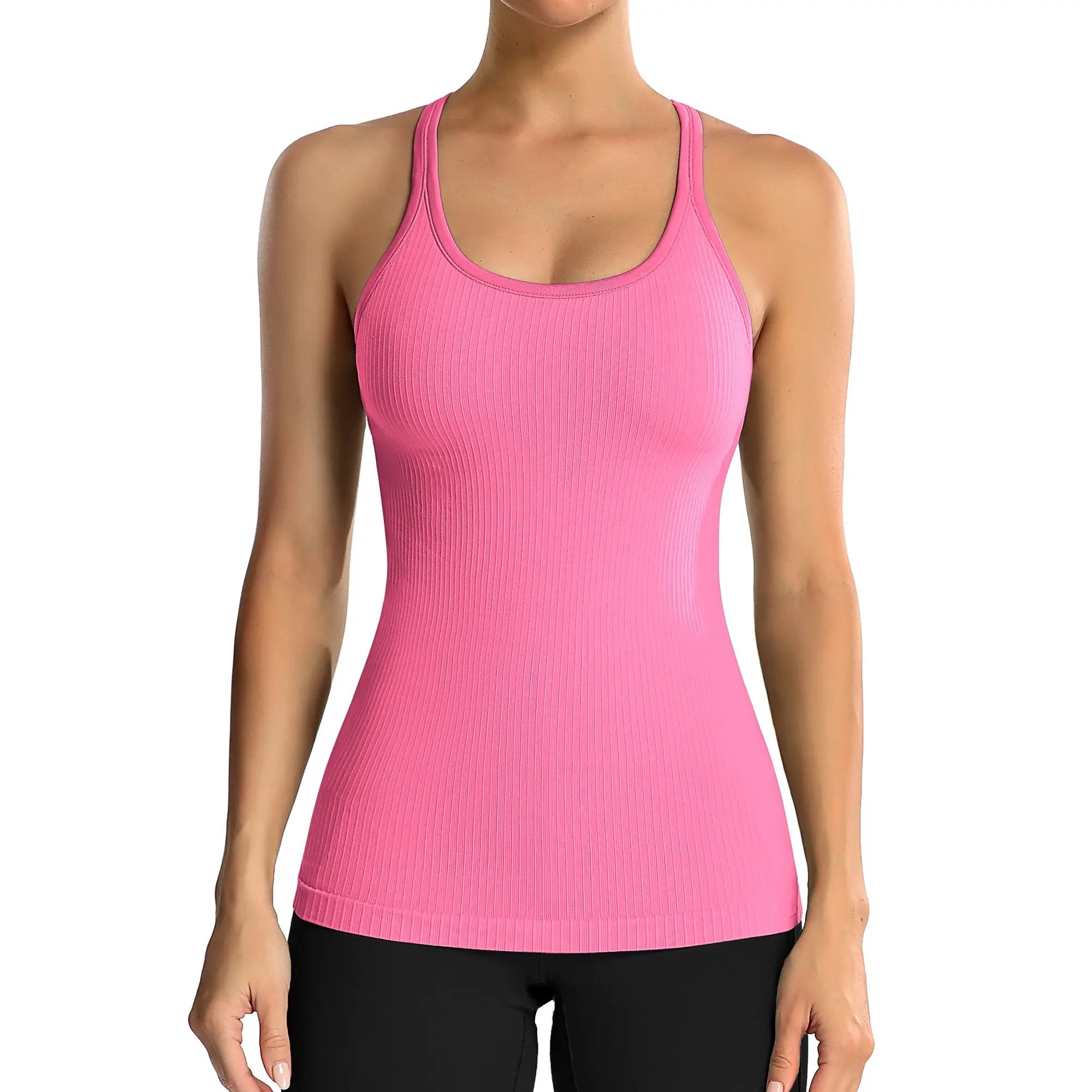 Ribbed Workout Tank Tops for Women with Built in Bra Tight Racerback Scoop Neck Athletic Top
