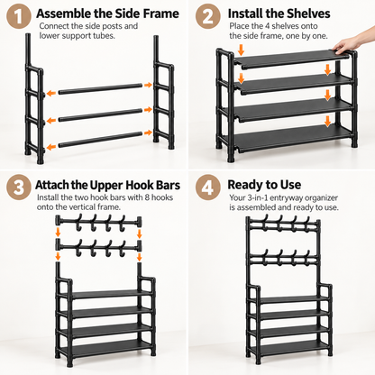 ✨️3-in-1 Entryway Organizer with 4-Tier Shoe Rack, Coat Rack & 8 Hooks✨️