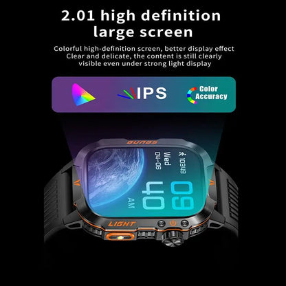 Rugged Military Smartwatch – 2.01" HD Display, Bluetooth Calling & 100+ Sports Modes