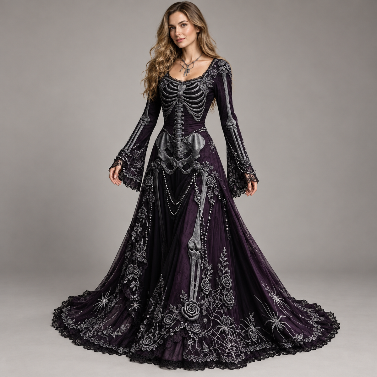 Women’s Gothic Skeleton & Rose Maxi Dress – Vintage Style, Flared Sleeves & Flowing Skirt for Halloween