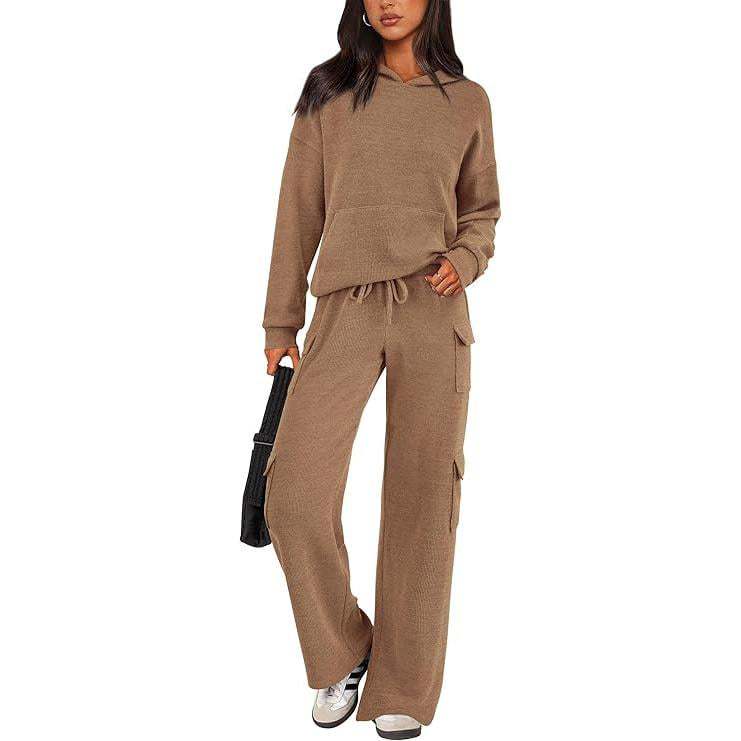 Women’s Soft Hooded Lounge Set with Wide-Leg Cargo Pants & Pockets