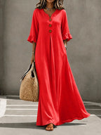 Women's Boho V-Neck Dress with Wooden Buttons, Ruffle Sleeves & Loose A-Line Fit