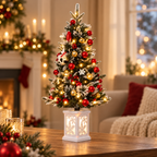 Mini Tabletop Christmas Tree—Warm White String Lights and An Illuminated Snowflake Base