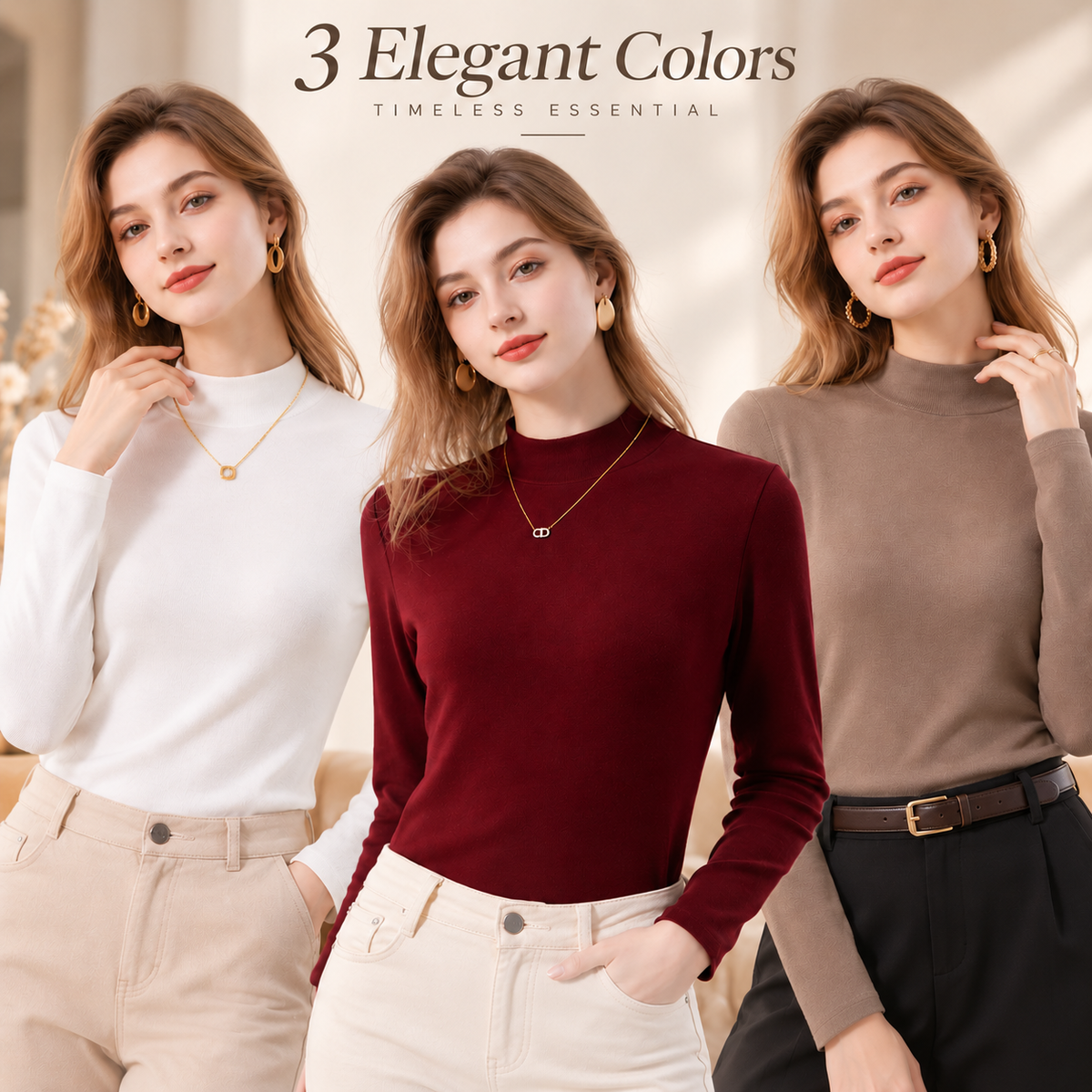 Women's Slim-Fit Mock Neck Knit Top （3pack）