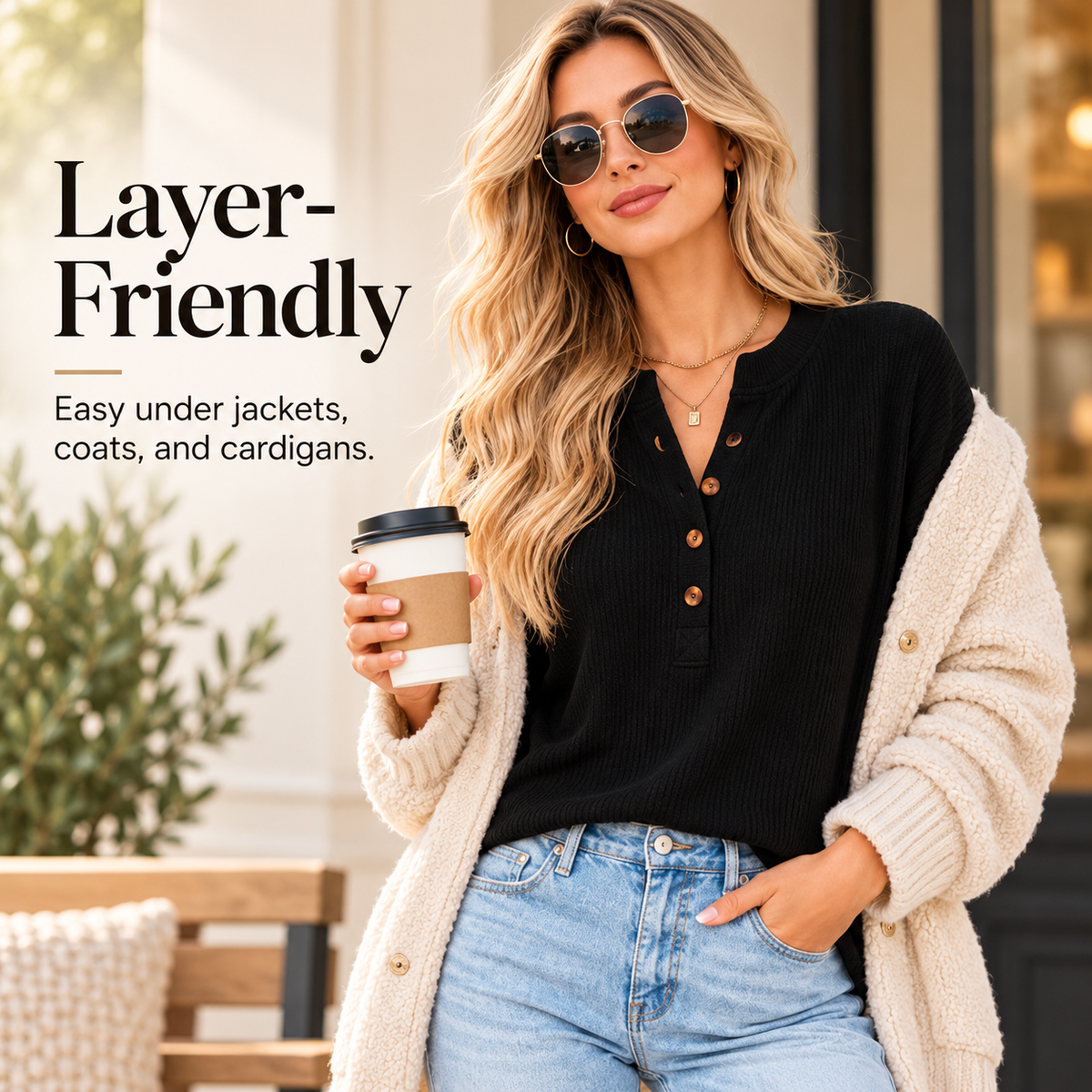 Women's Everyday Ribbed Henley Top