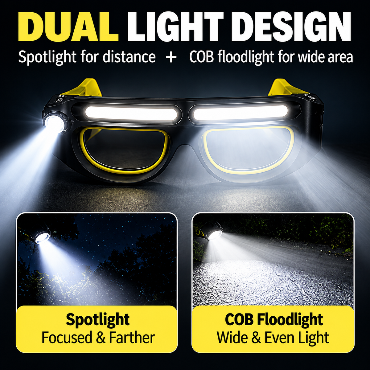 Hands-Free LED Light Glasses with Spotlight & COB Floodlight