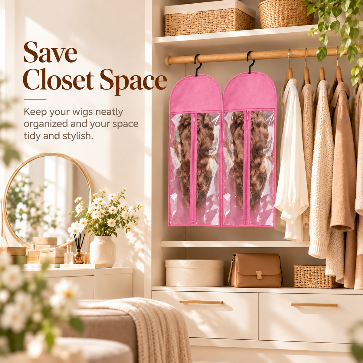 Two pink hanging wig bags neatly organized side by side in a tidy closet