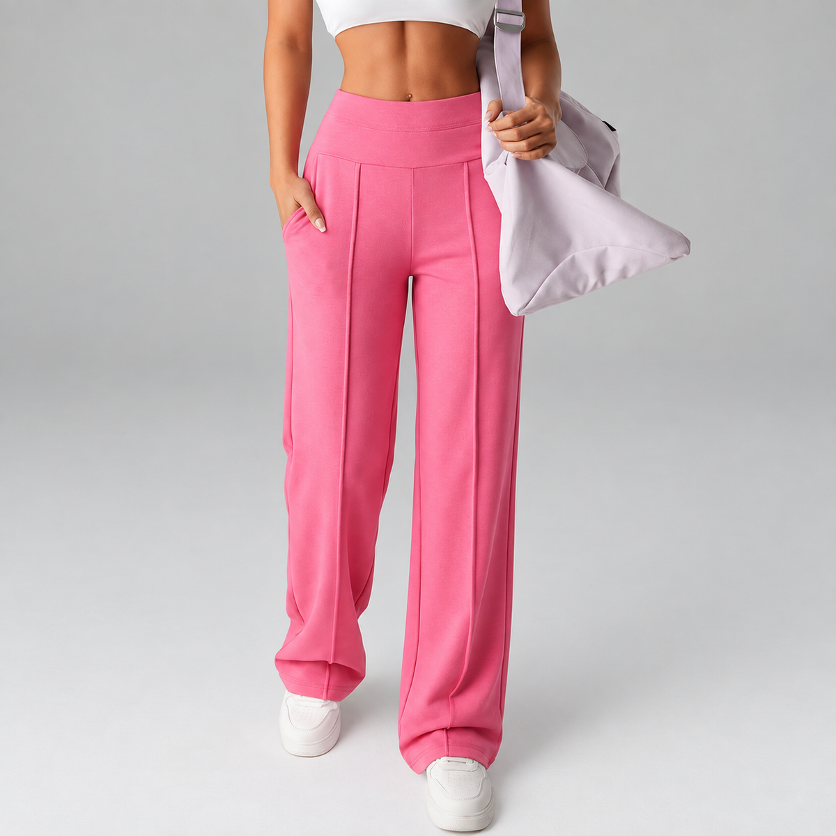 Women’s High-Rise Wide-Leg Comfort Pants with Pockets, Stretch Fit & Front Seams