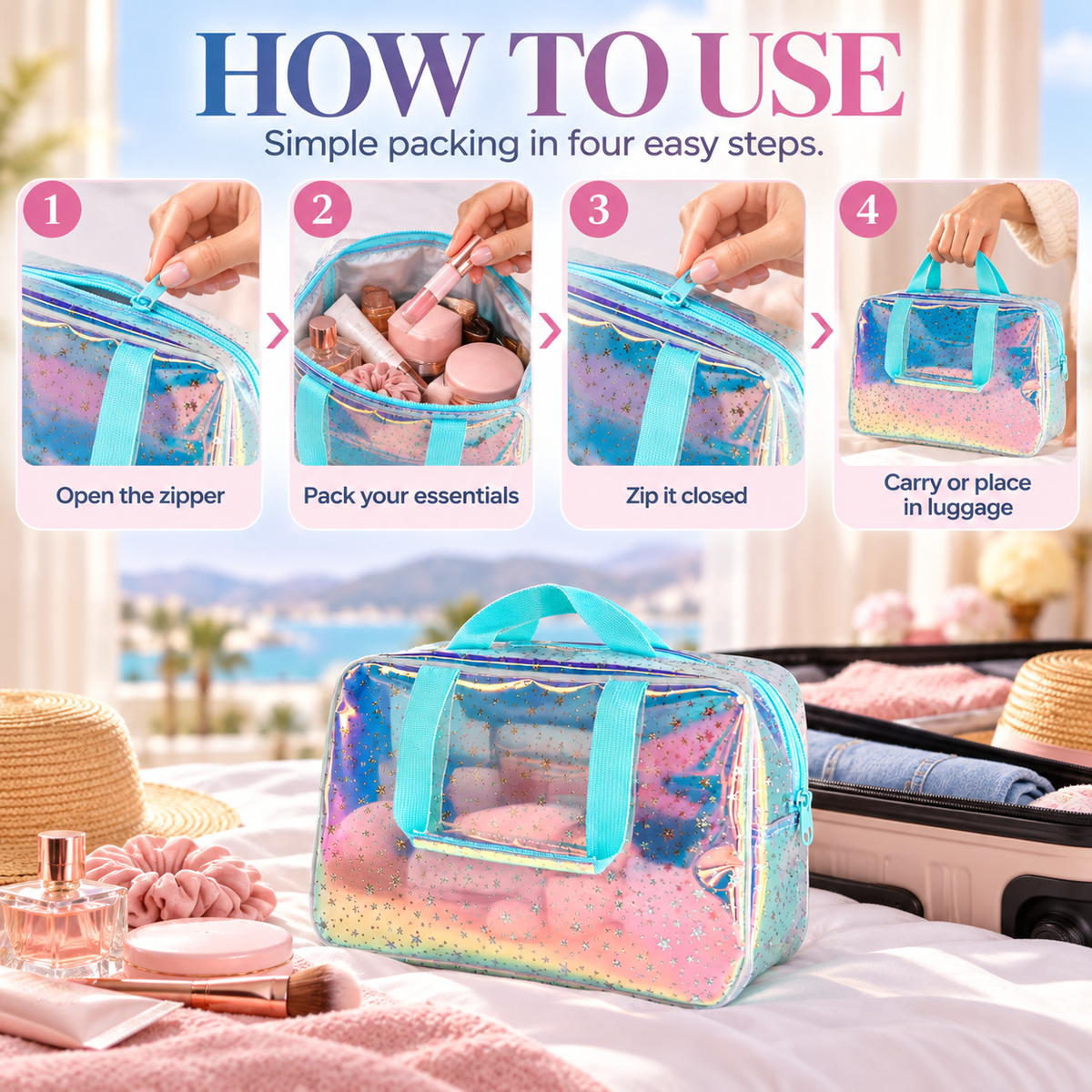Holographic Clear Star Cosmetic Travel Bag