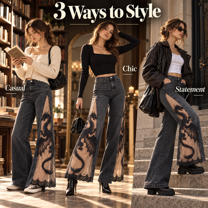 Women's Gothic Dragon Embroidered Jeans – Lace-Panel Wide-Leg Denim