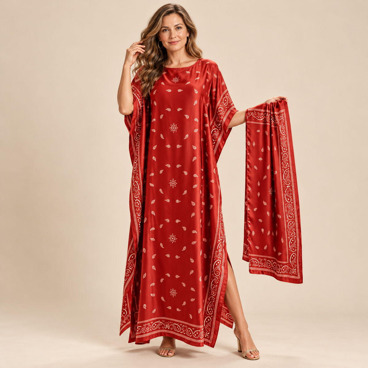 Printed Kaftan Maxi Dress & Matching Scarf Set