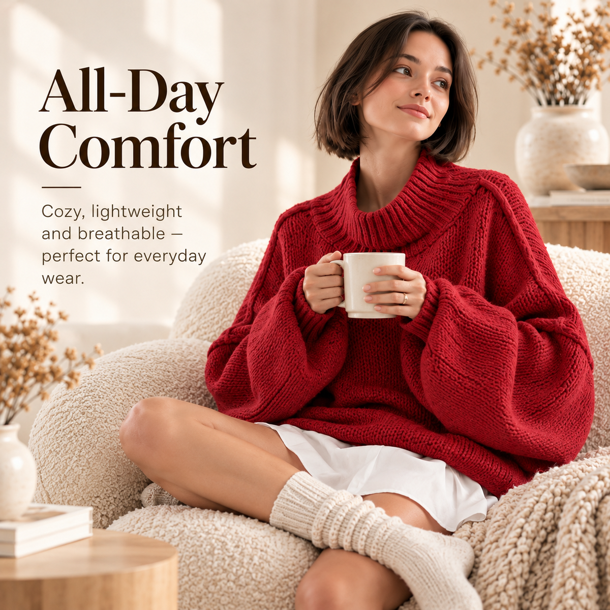 Woman relaxing in oversized red sweater with warm mug on cozy chair