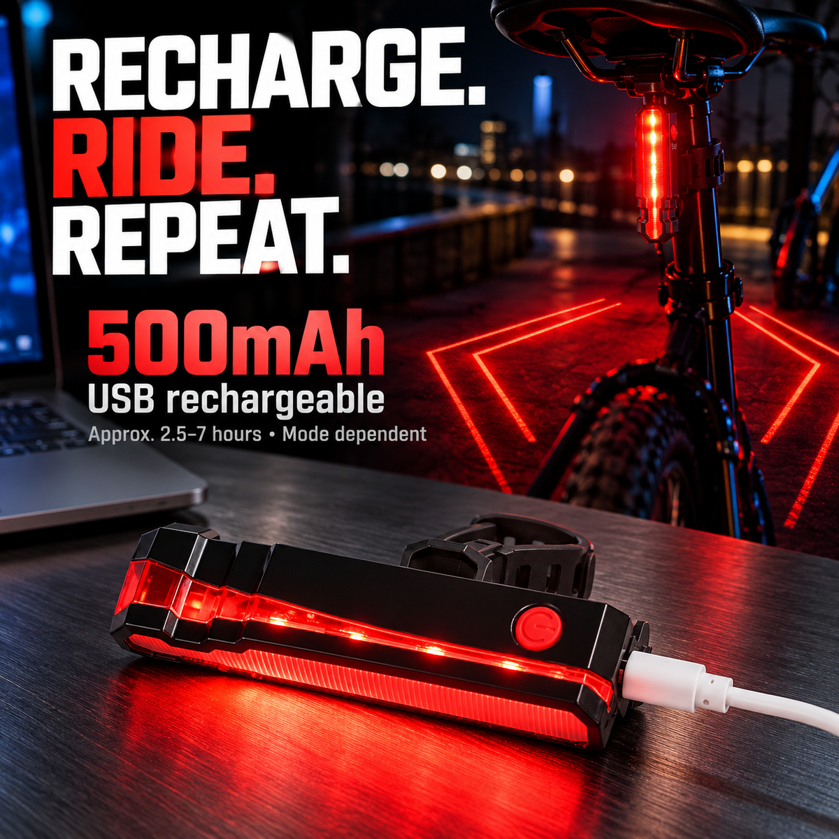 🚴 6-Mode USB Rechargeable LED Bike Tail Light with Laser Safety Lines