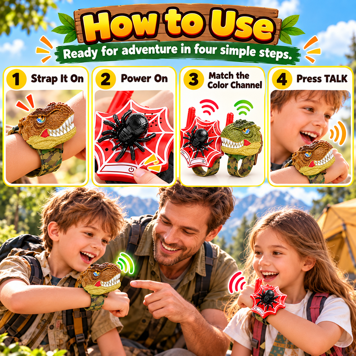 2-Pack Kids Walkie Talkies – Up to 4 Players, 3280FT Range, Fun Dinosaur & Spider Wrist Toys