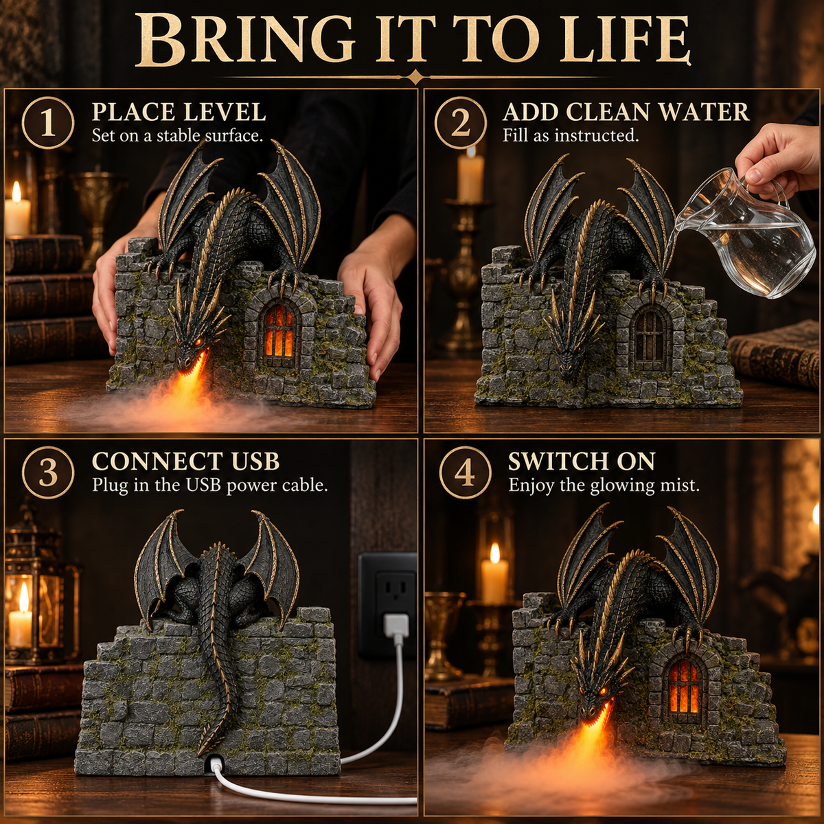 Fire-Breathing Dragon Mist Diffuser – Glowing Gothic Castle Decor