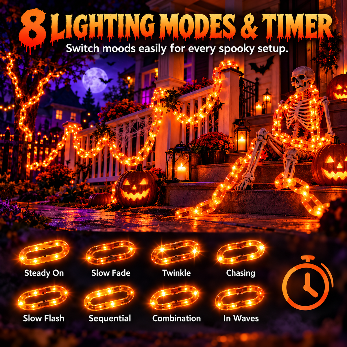 Eight advertised lighting modes for Halloween chain lights