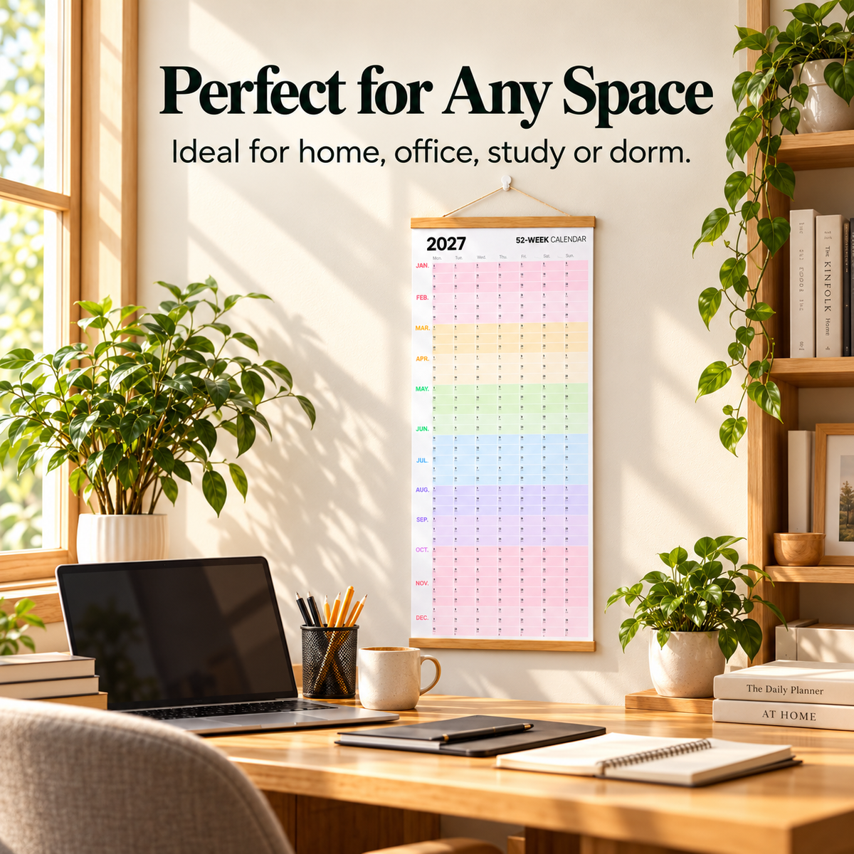 2027 year planner hanging above bright workspace with laptop plants books and stationery