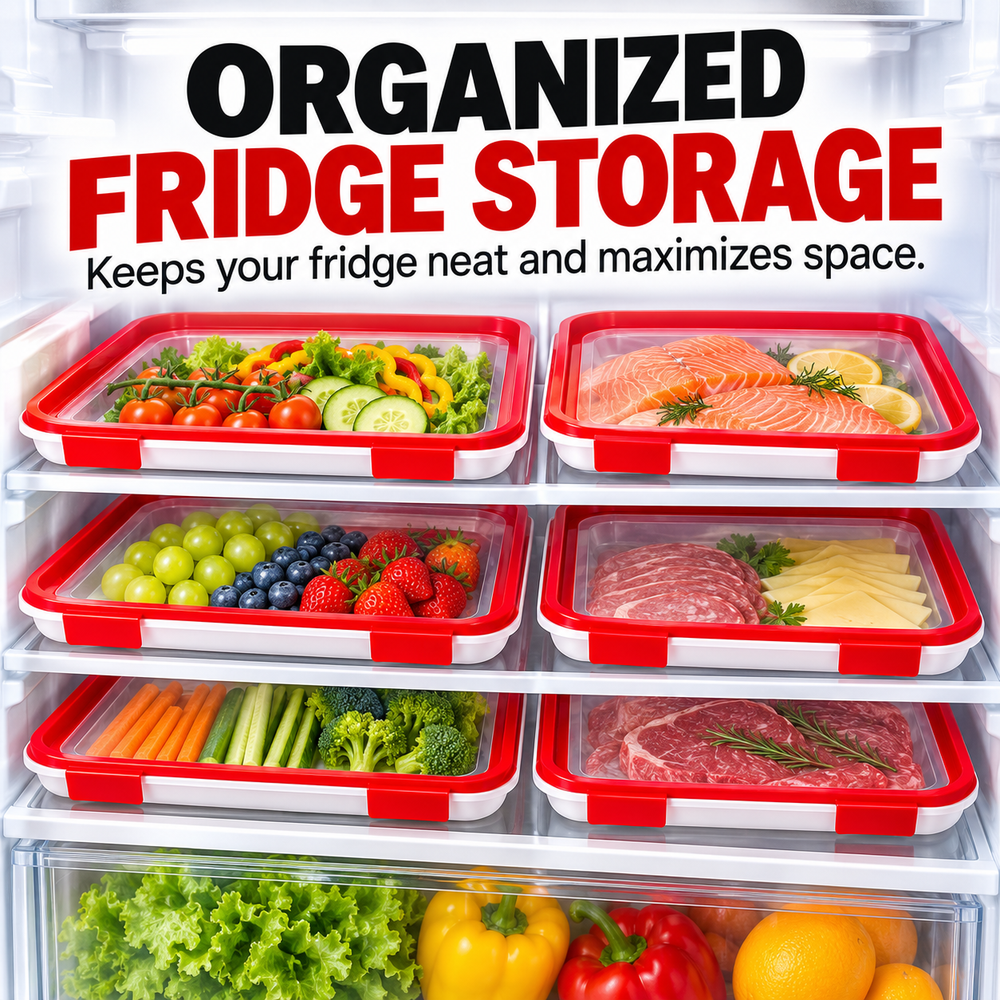 Multiple rectangular food storage trays neatly organized inside a refrigerator