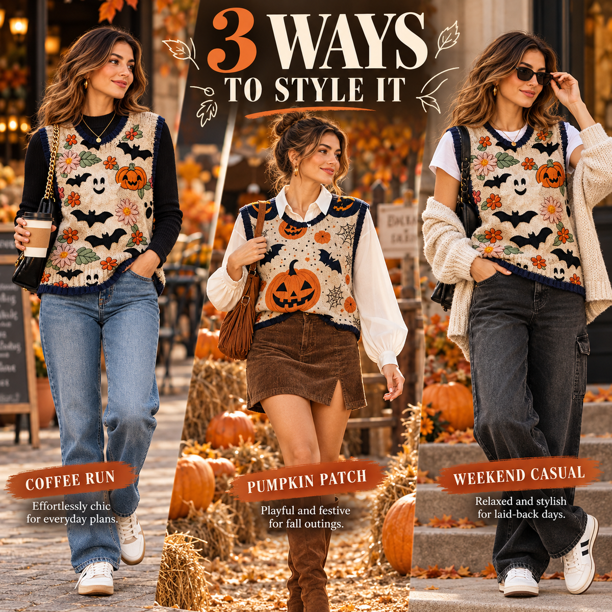 Women’s Halloween Knit Sweater Vest – Cozy Spooky Layering Top for Fall Outfits