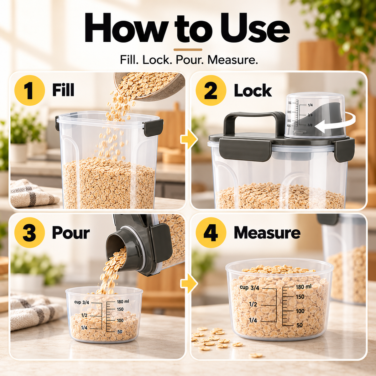 Airtight Dry Food Storage Container with Measuring Cup & Pour Spout