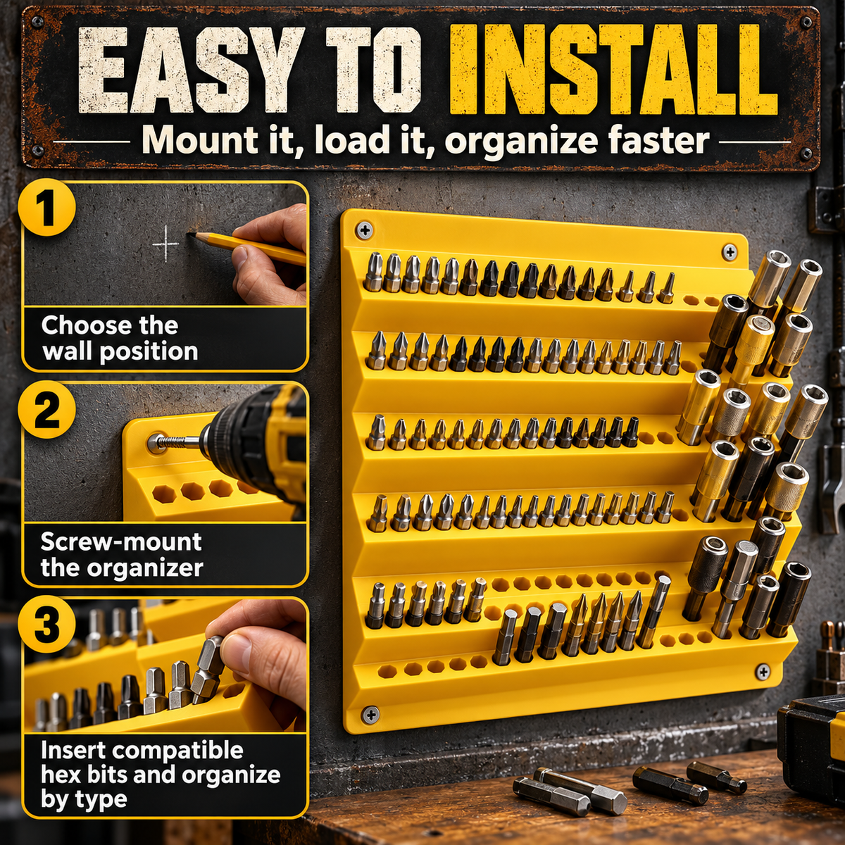 120-Slot Wall-Mounted Drill Bit Organizer – 6-Tier Hex Bit Holder for Garage & Workshop