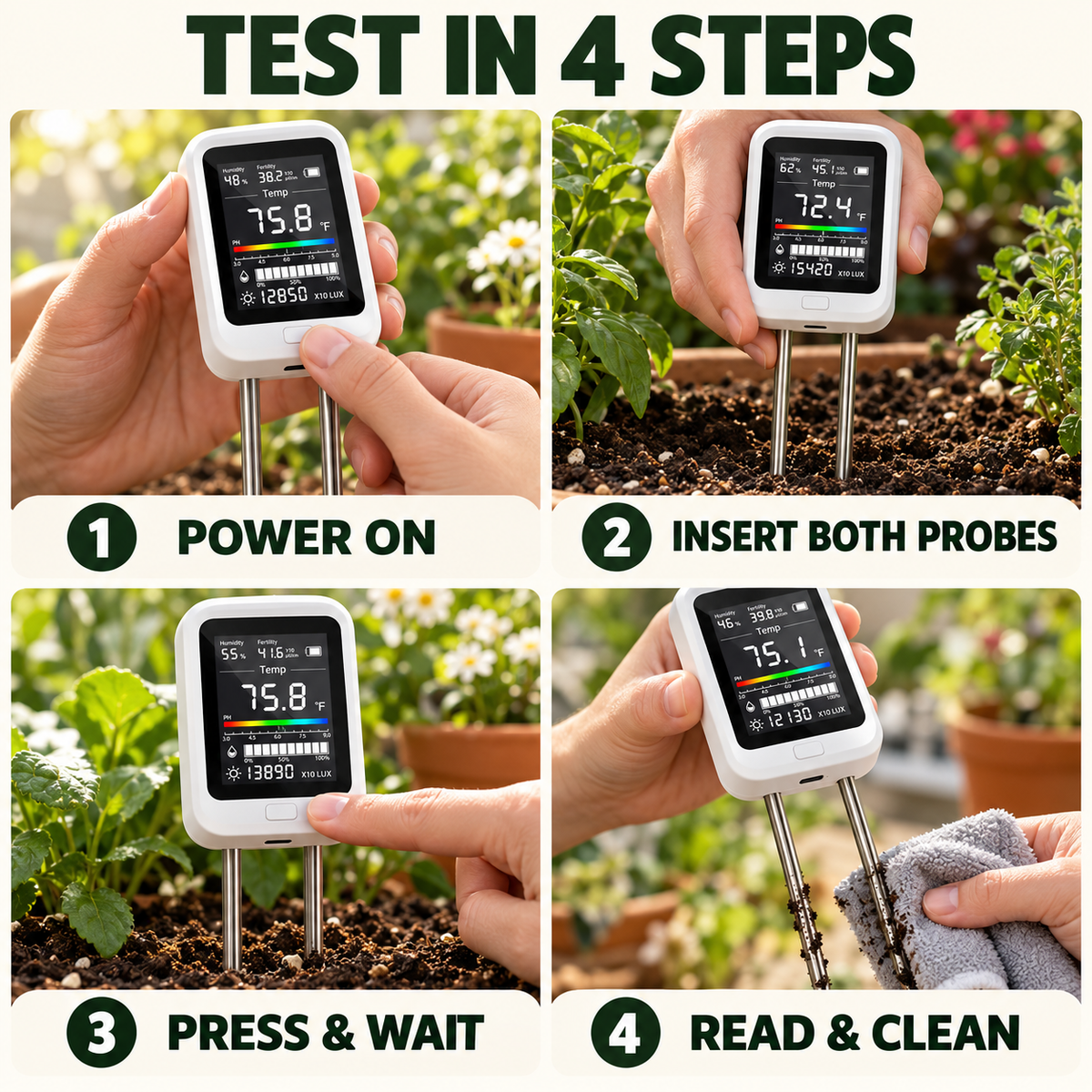 6-in-1 Digital Soil Tester with LCD Display – Moisture, pH, Fertility, Light & Temperature Meter