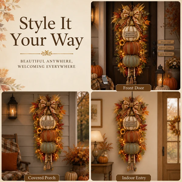 🏡🎃Lighted Stacked Pumpkin Fall Door Decor with 3 Seasonal Plaques
