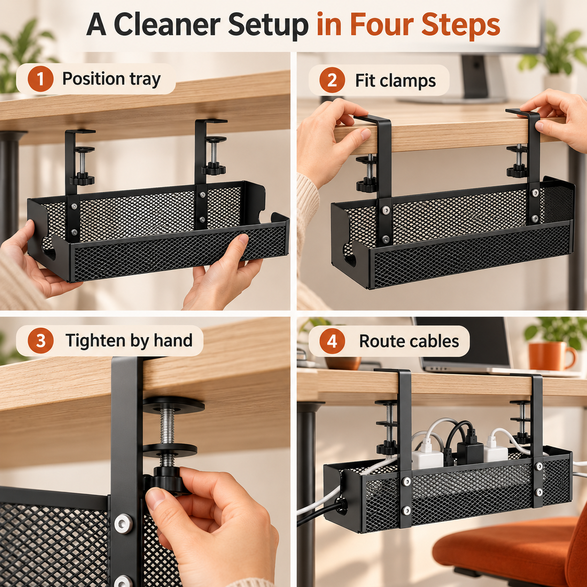 Under-Desk Cable Management Tray – No-Drill Clamp Organizer for Desks Up to 2" Thick