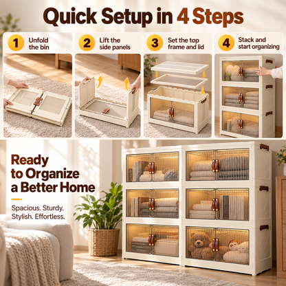 Large Capacity Foldable Storage Cabinet with Magnetic Doors & Stackable Design