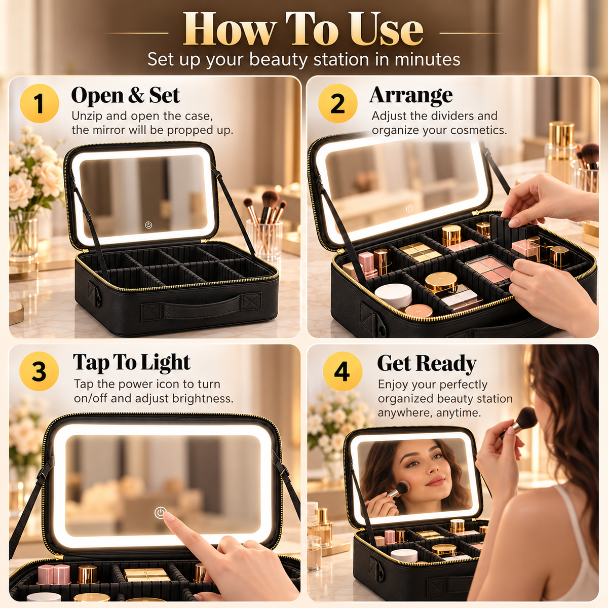 Portable Makeup Train Case with LED Lighted Mirror, 3 Lighting Modes & Adjustable Dividers