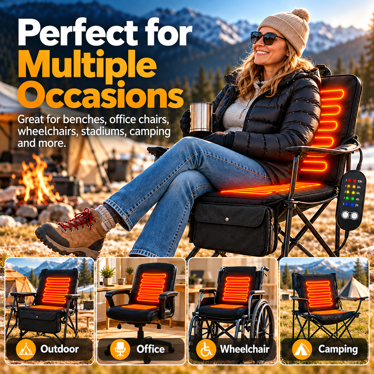 Heated cushion displayed in camping, indoor and outdoor seating scenes